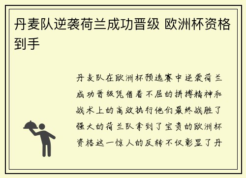丹麦队逆袭荷兰成功晋级 欧洲杯资格到手