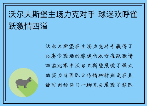 沃尔夫斯堡主场力克对手 球迷欢呼雀跃激情四溢
