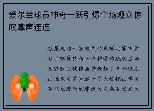 爱尔兰球员神奇一跃引爆全场观众惊叹掌声连连